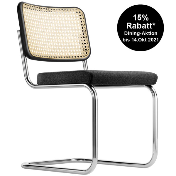 THONET Stahlrohr-Freischwinger S 32 SPV Rücken Rohrgeflecht, Sitz vollgepolstert - Gestell verchromt