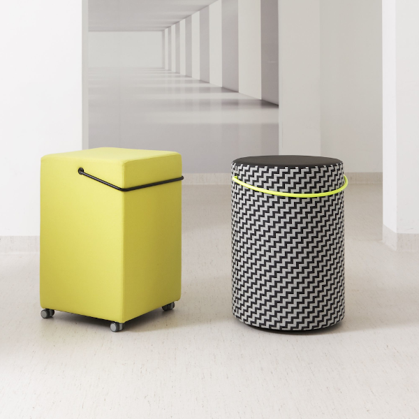 Bejot Cube H Beispielfoto 2 Stoff Crisp gelb (links) und Stoff Accessoire Etage (rechts)