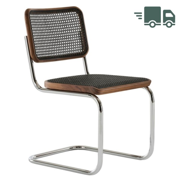 THONET Stahlrohr-Freischwinger S 32 V Rohrgeflecht-Sitz Dark Melange - Nussbaum Pure Materials - Gestell verchromt