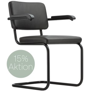 THONET Stahlrohr-Freischwinger S 64 PV Polstersitz Nappa Naturleder schwarz mit Armlehnen THONET Stahlrohr-Freischwinger S 64 PV Polstersitz Nappa Naturleder schwarz mit Armlehnen