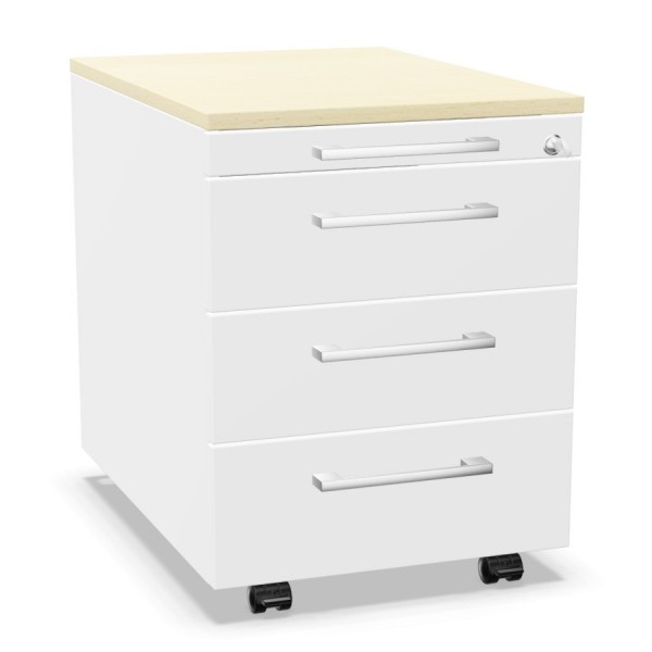 Palmberg Rollcontainer ORGA PLUS 3+3+3+1 mit Griffen Chrom matt mit Deckel in Ahorn