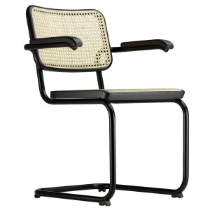 THONET Stahlrohr-Freischwinger S 64 V Rohrgeflecht-Sitz mit Armlehnen - Gestell schwarz matt THONET Stahlrohr-Freischwinger S 64 V Rohrgeflecht-Sitz mit Armlehnen - Gestell schwarz matt