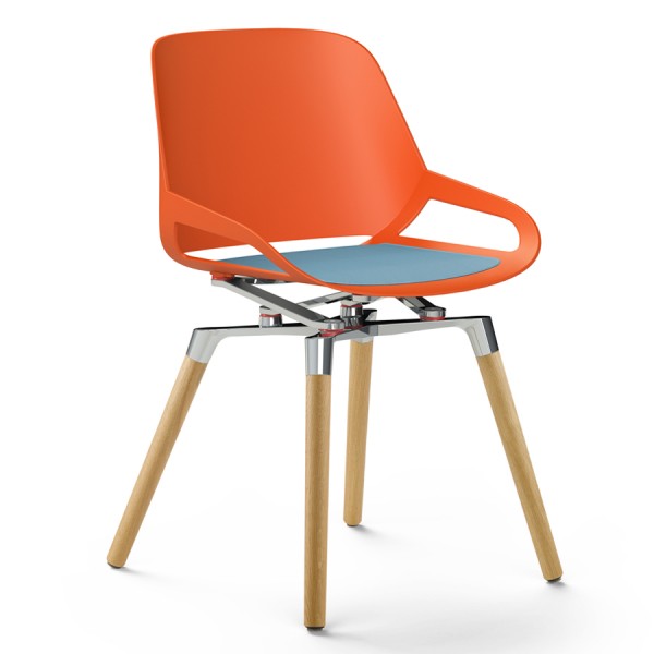 Aeris Numo Holzgestell - Sitzschale orange-rot - Kinematik poliert - Sitzkissen blau