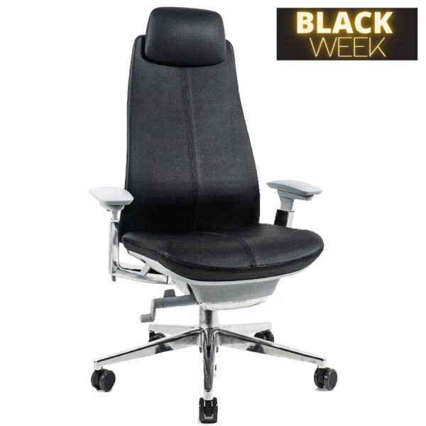 BLACK WEEK: HAWORTH Fern Gamingstuhl | Leder schwarz | Kopfstütze | 4D Armlehnen | Front seitlich