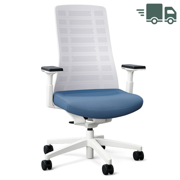 Interstuhl PUREis3 PU213 Ausführung weiß mit Netzrücken Sitzbezug blaugrau 4D-Armlehnen