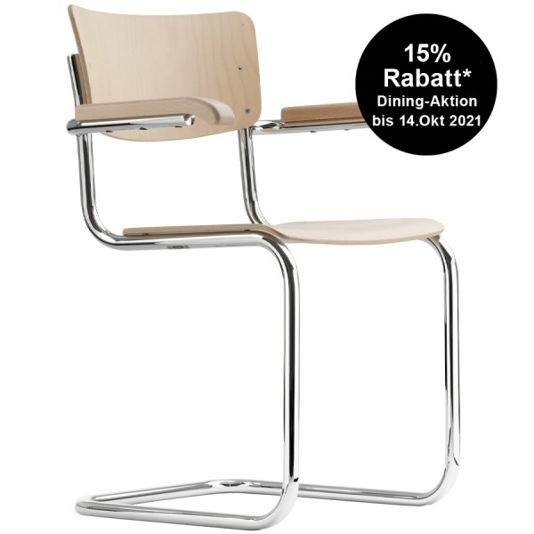 THONET Stahlrohr-Freischwinger S 43 F - Formholzschalen Buche natur mit Armlehnen