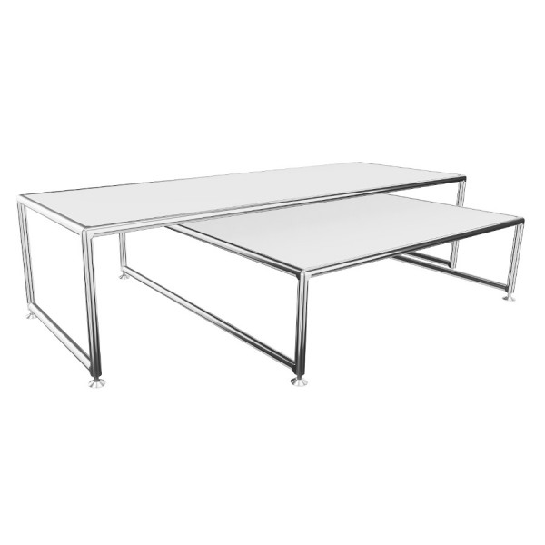 Bosse Bügel-Couchtisch Chrom hoch und niedrig in Melamin Weiß