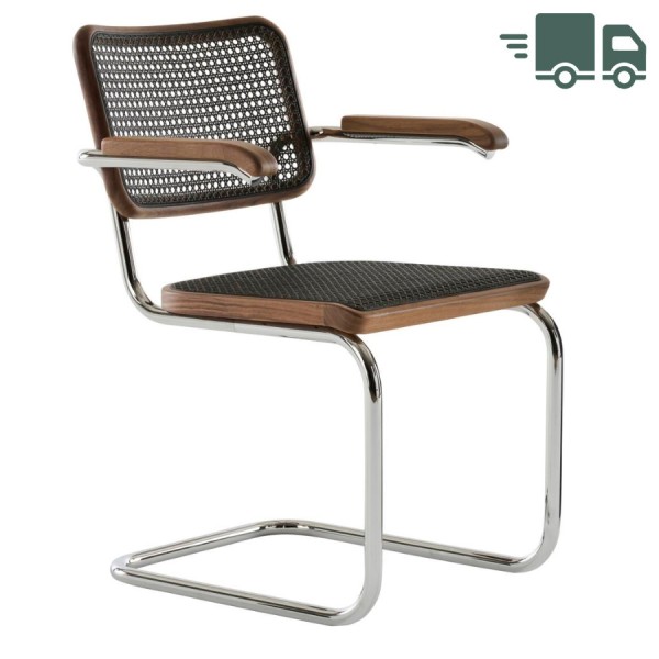 THONET Stahlrohr-Freischwinger S 64 V Rohrgeflecht-Sitz Dark Melange - Nussbaum Pure Materials - Gestell verchromt