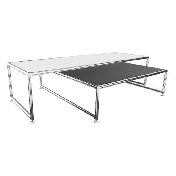 Bosse Bügel-Couchtisch Set Chrom hoch und niedrig in Melamin Weiß & Schwarz
