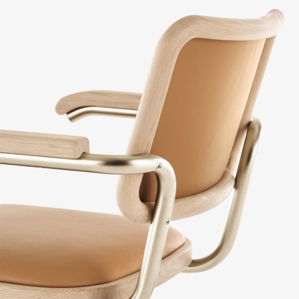 JS. THONET S 64 P NORDIC 01 | Eiche weiß pigmentiert | Leder Karamell | Stahlrohr-Freischwinger JS. THONET S 64 P NORDIC 01 | Eiche weiß pigmentiert | Leder Karamell | Rückansicht nah