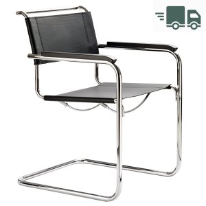 THONET Stahlrohr-Freischwinger S 34 mit Armlehnen Sitz u. Rücken Kernleder schwarz - Gestell chrom THONET Stahlrohr-Freischwinger S 34 mit Armlehnen Sitz u. Rücken Kernleder schwarz - Gestell chrom